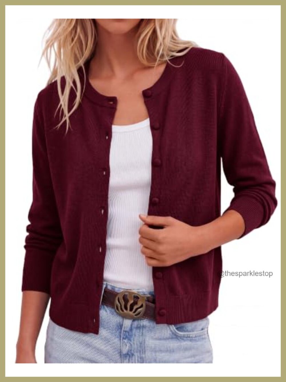 Lightweight Crew Neck Button Front Cardigan Sweater Ribbed Hem